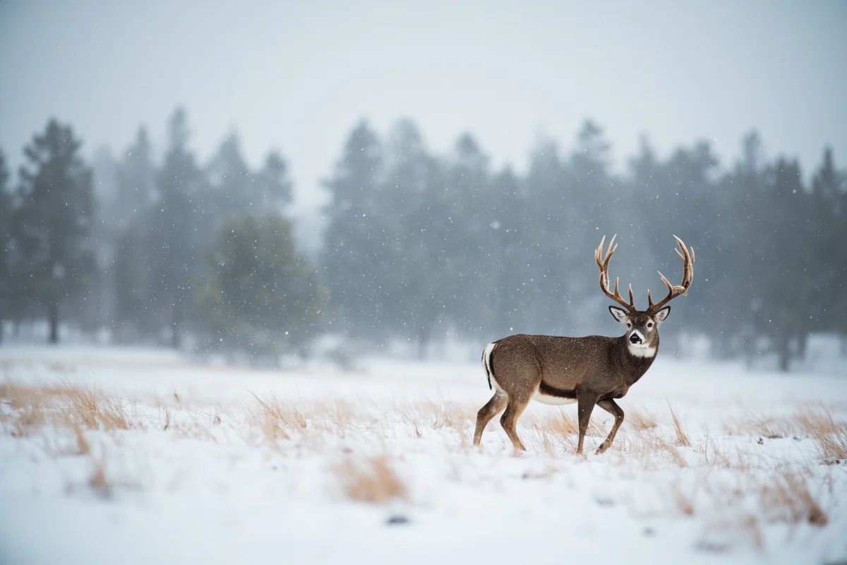 Mule deer buck in snowy Montana breaks country during late muzzleloader season