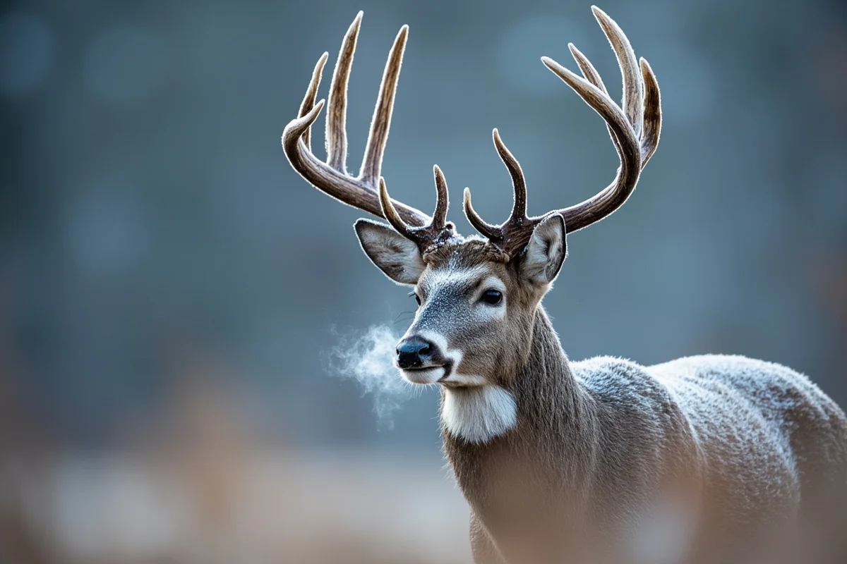Mule deer buck with frost-covered antlers during November rut, breath visible in cold air