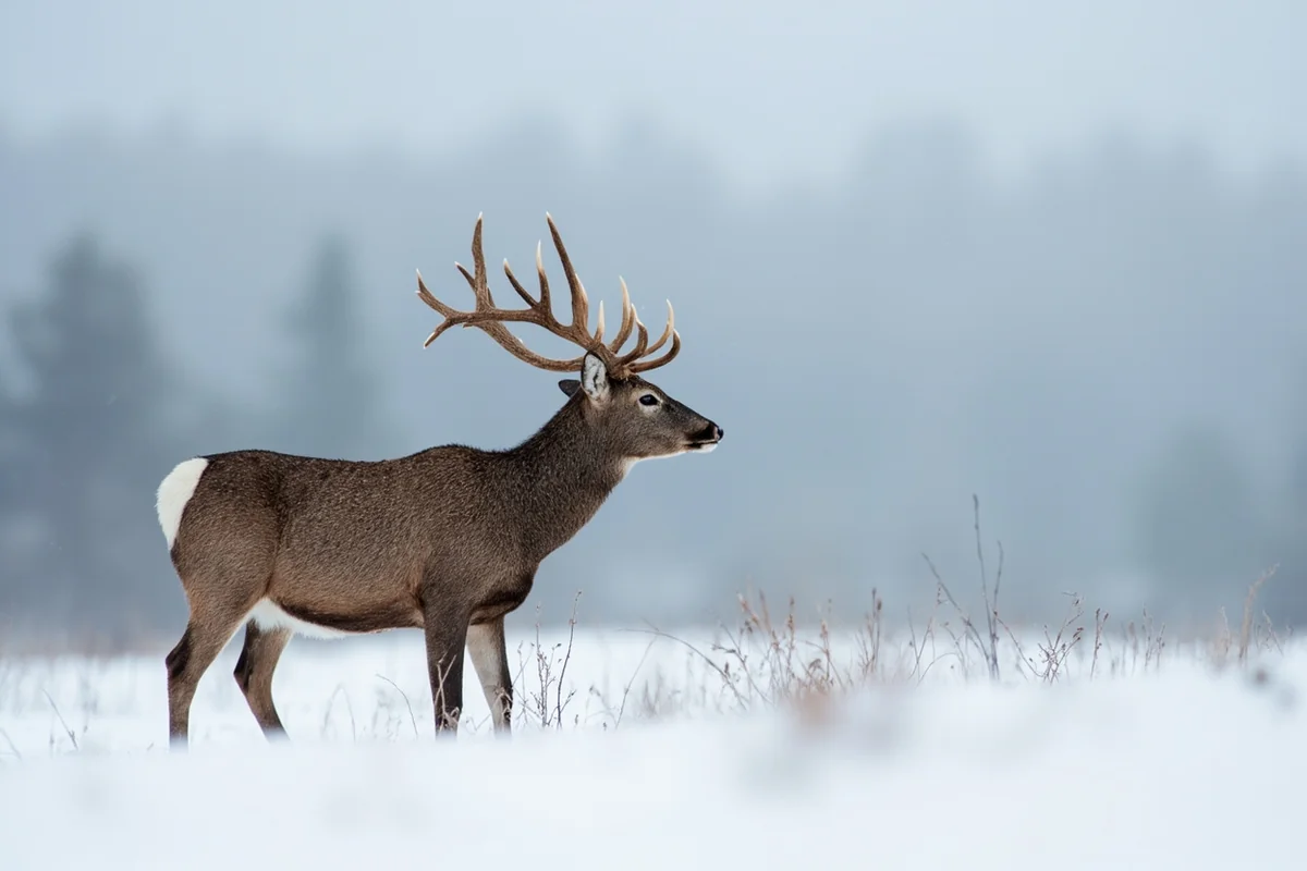 Mule deer buck with full antlers in snowy Montana landscape during winter