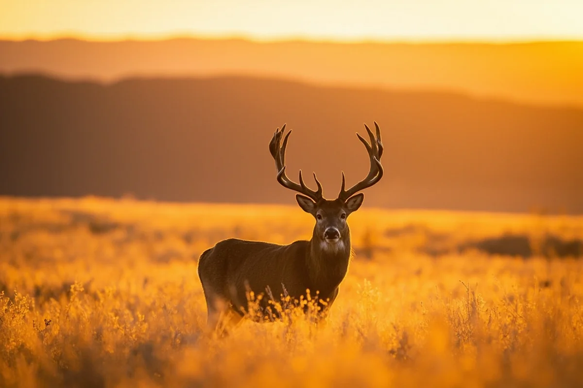 Mule deer buck with large antlers standing in golden Montana grassland at sunrise