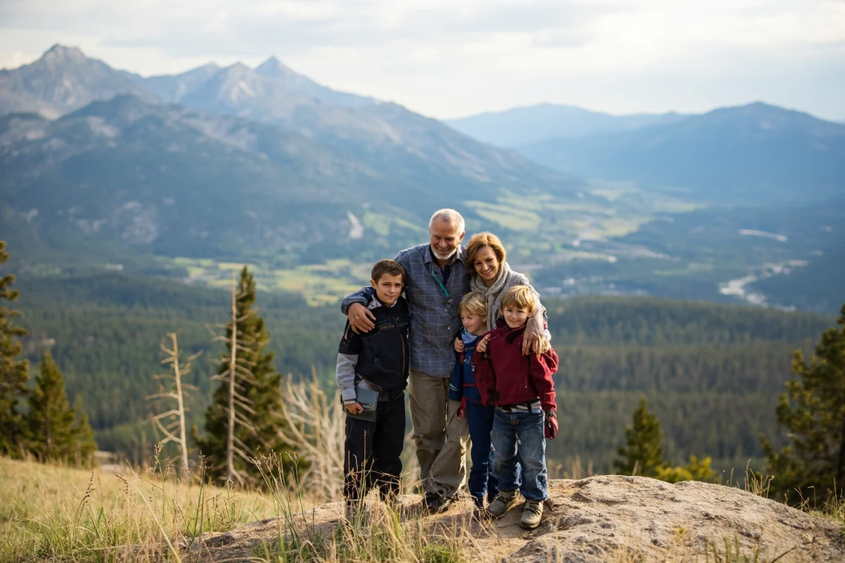 Multi-generational family group photo at scenic Montana overlook with mountains and valleys in background
