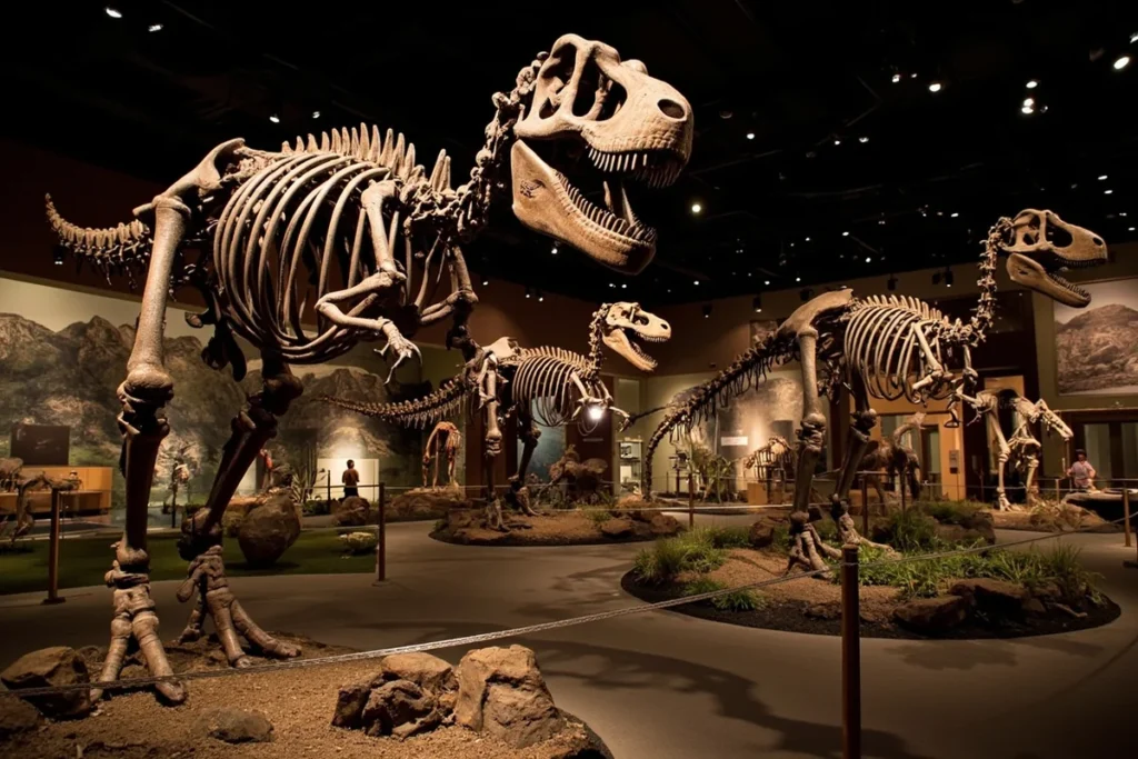 Museum of the Rockies dinosaur exhibit showing the famous T. rex specimens