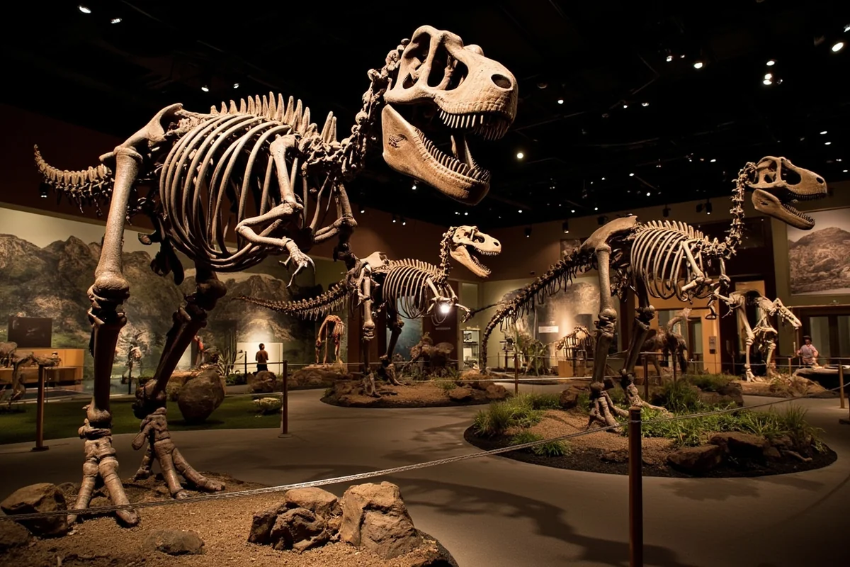 Museum of the Rockies dinosaur exhibit showing the famous T. rex specimens