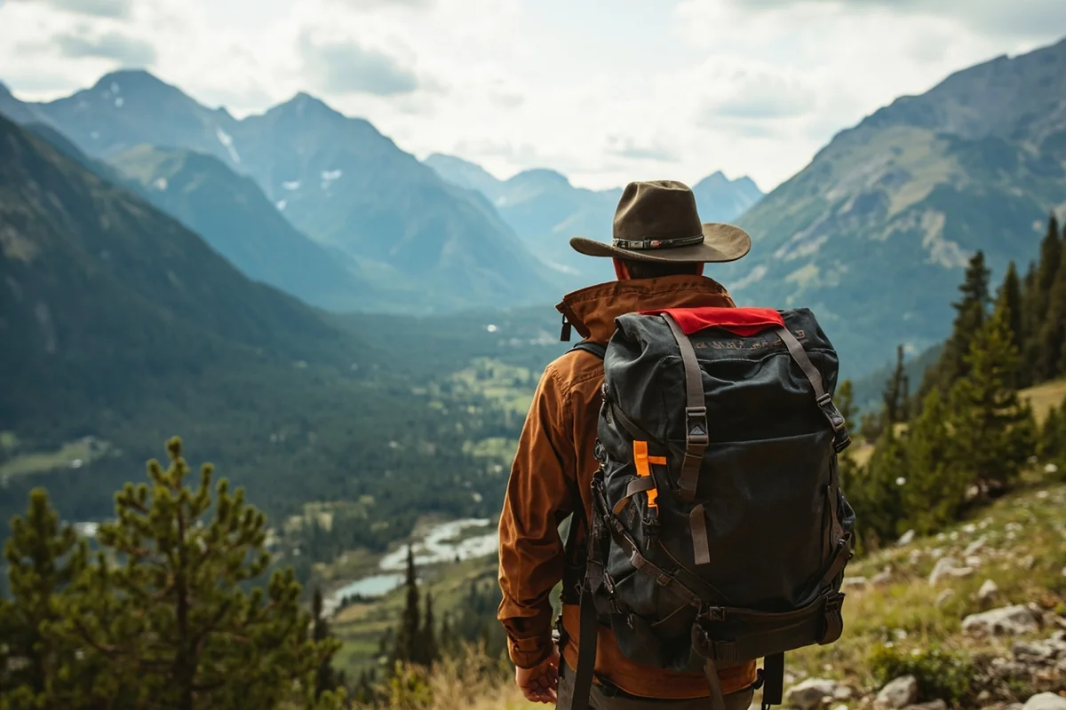 Mystery Ranch backpack on a hiker overlooking a Montana mountain valley