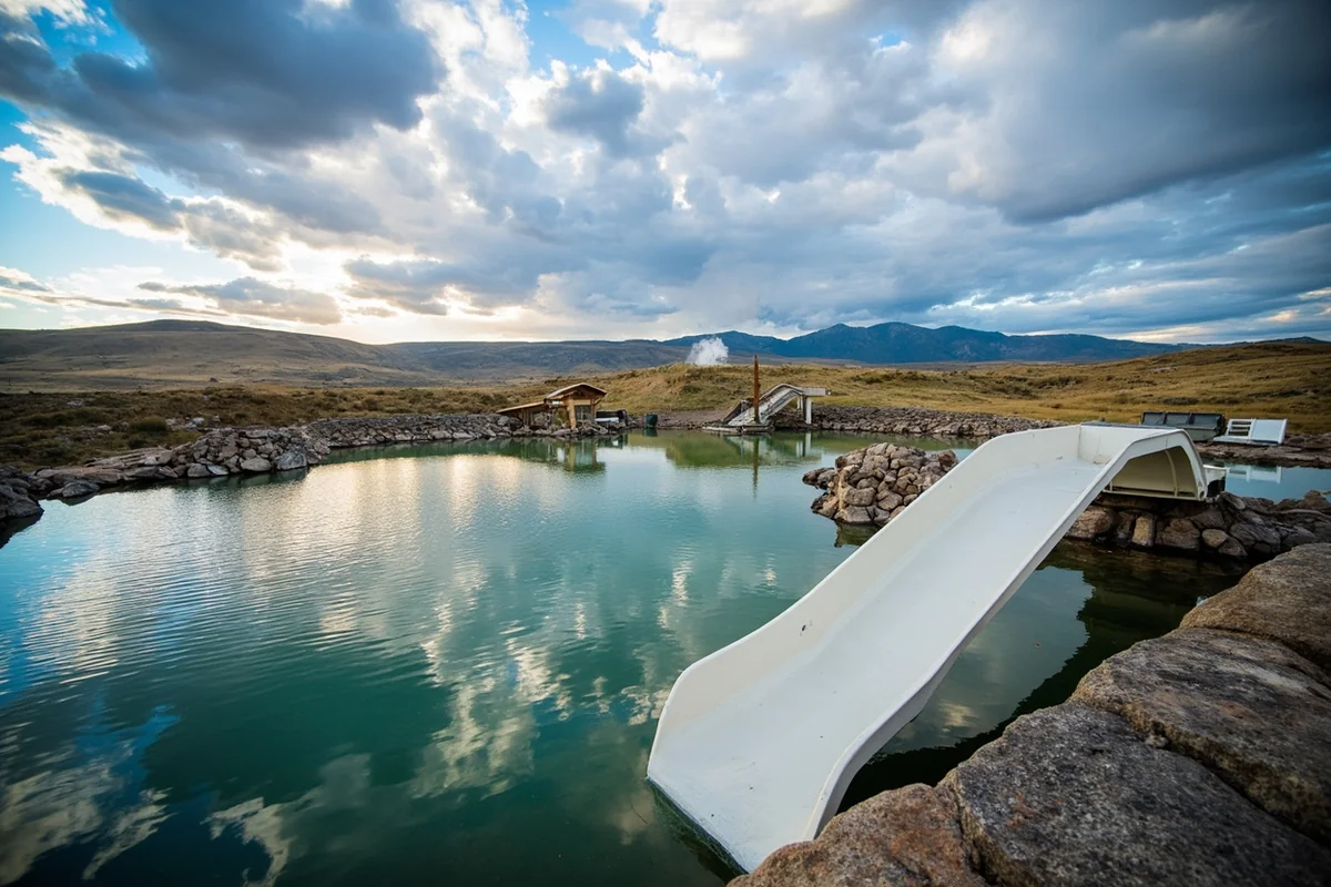Natural hot spring pools with waterslide at Sleeping Buffalo Hot Springs under vast Montana sky