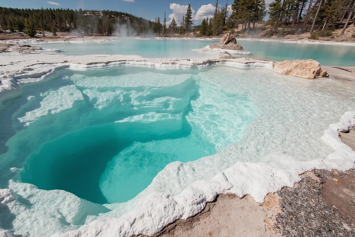 Natural thermal pool at Big Medicine Hot Springs with mineral deposits visible on edges