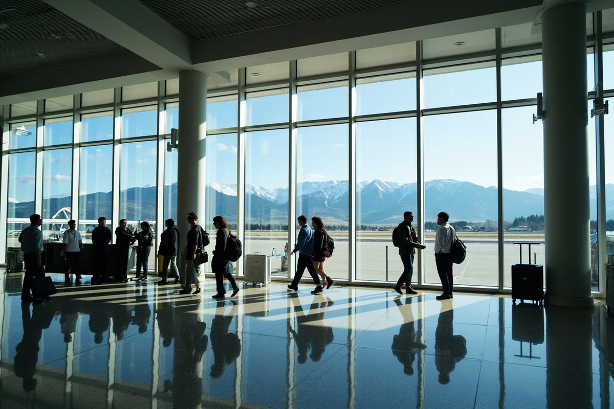 New Missoula International Airport terminal interior showing modern design with mountain views through windows