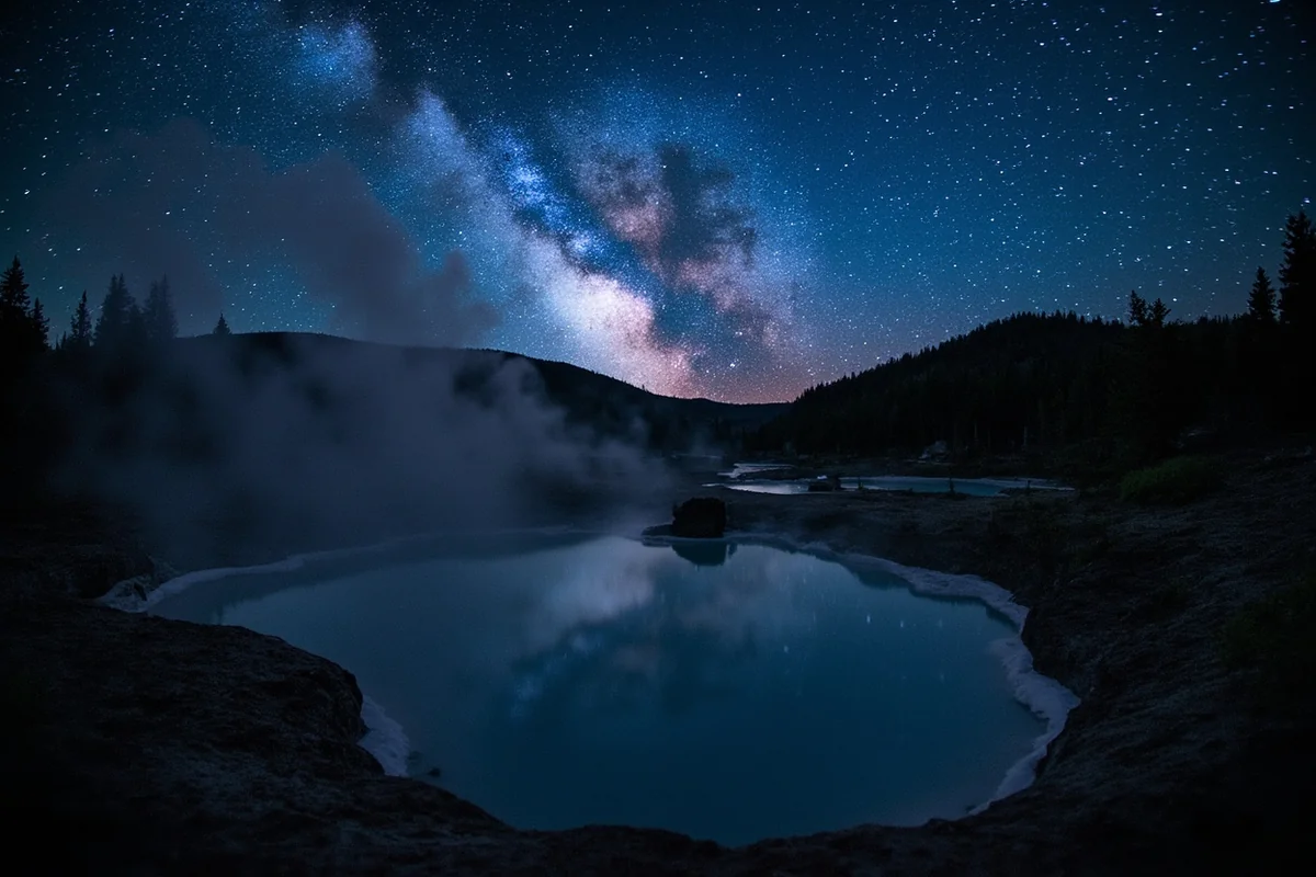 Night sky photograph over Elkhorn Hot Springs showing stars and Milky Way above the steaming pools
