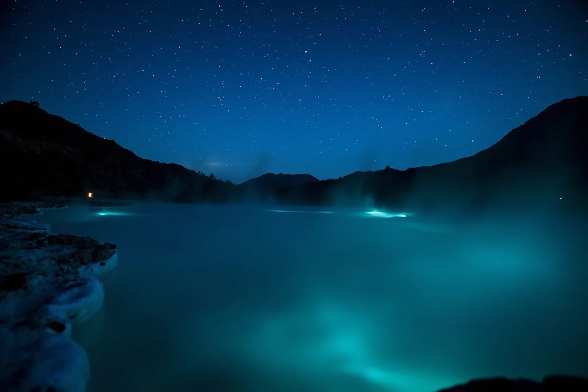 Night sky with stars visible above steaming hot springs pool
