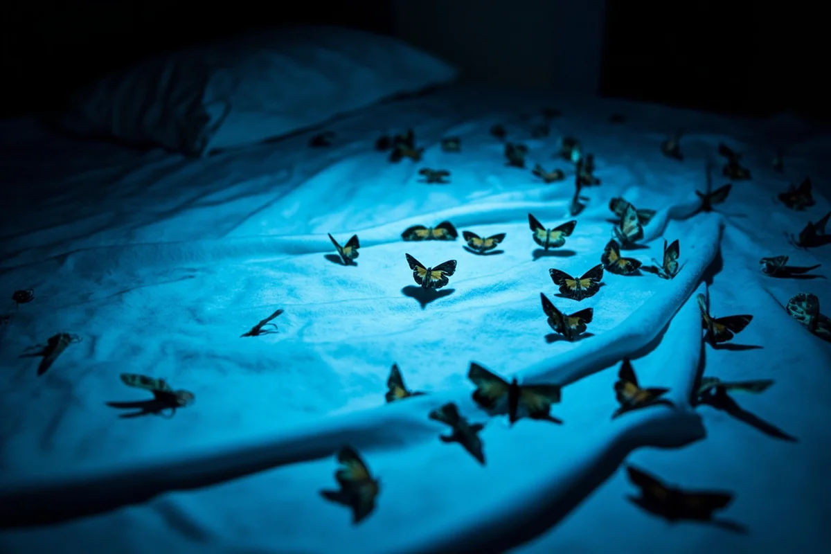 Nighttime moth viewing setup with white bedsheet illuminated by UV light, showing dozens of various moth species attracted to the light