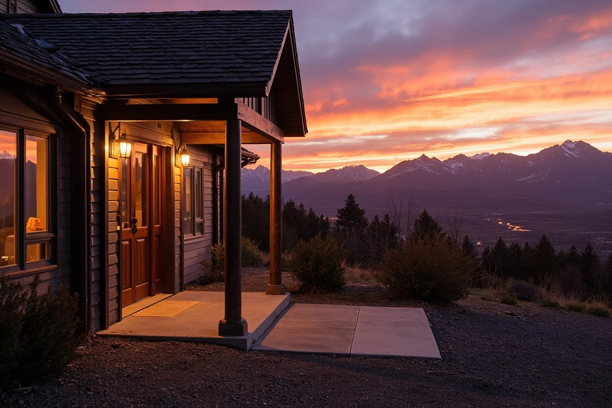 Ninepipes Lodge exterior with Mission Mountains visible in the background at sunset