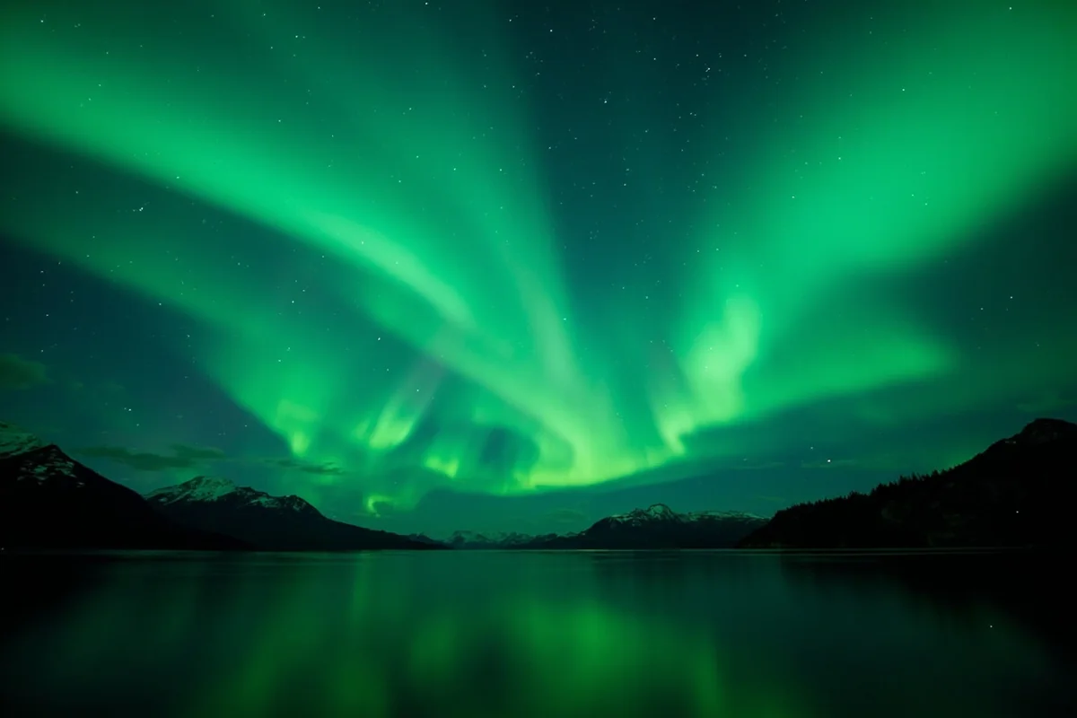 Northern lights aurora borealis glowing green over Montana lake with mountain silhouettes