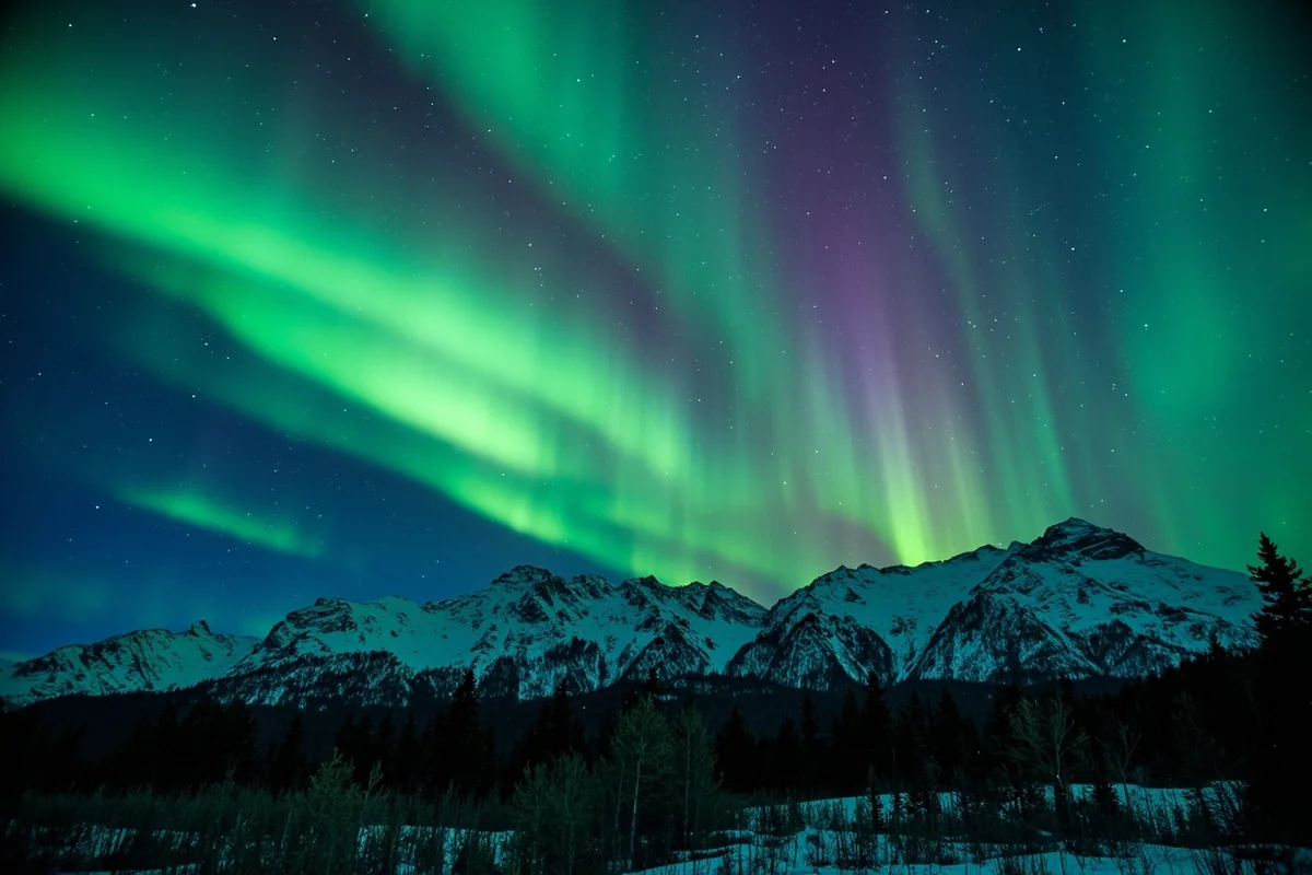 Northern Lights displaying green and purple bands over snow-capped Montana mountains with silhouetted pine trees in foreground
