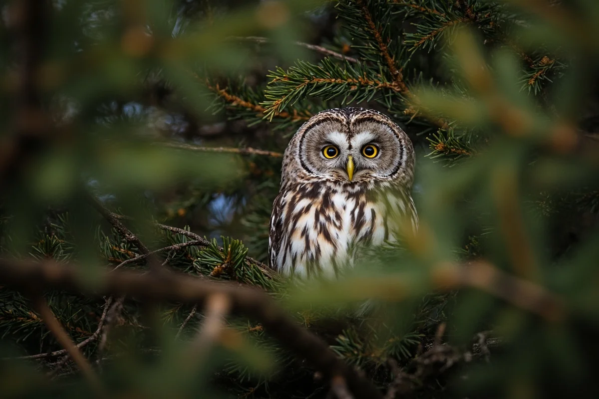 Northern Saw-whet Owl roosting in dense conifer branches