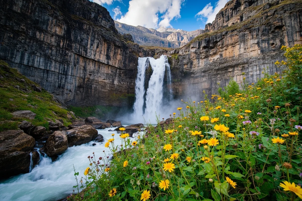Oberlin Falls cascading down rocky terrain with alpine wildflowers in foreground