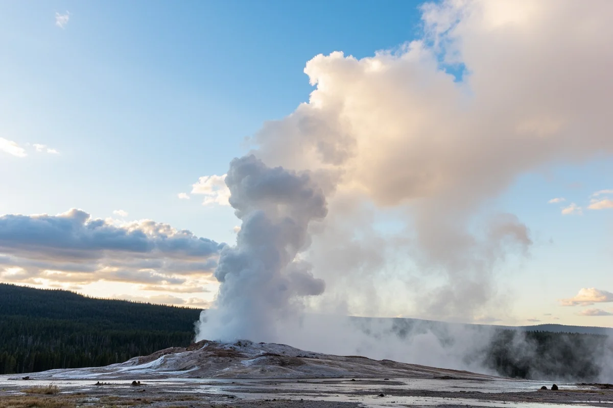 Old Faithful erupting with dramatic steam plume against cold spring morning sky