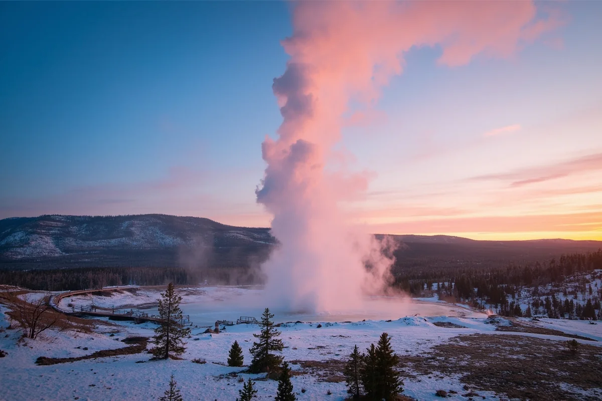 Old Faithful erupting with snow on surrounding boardwalks