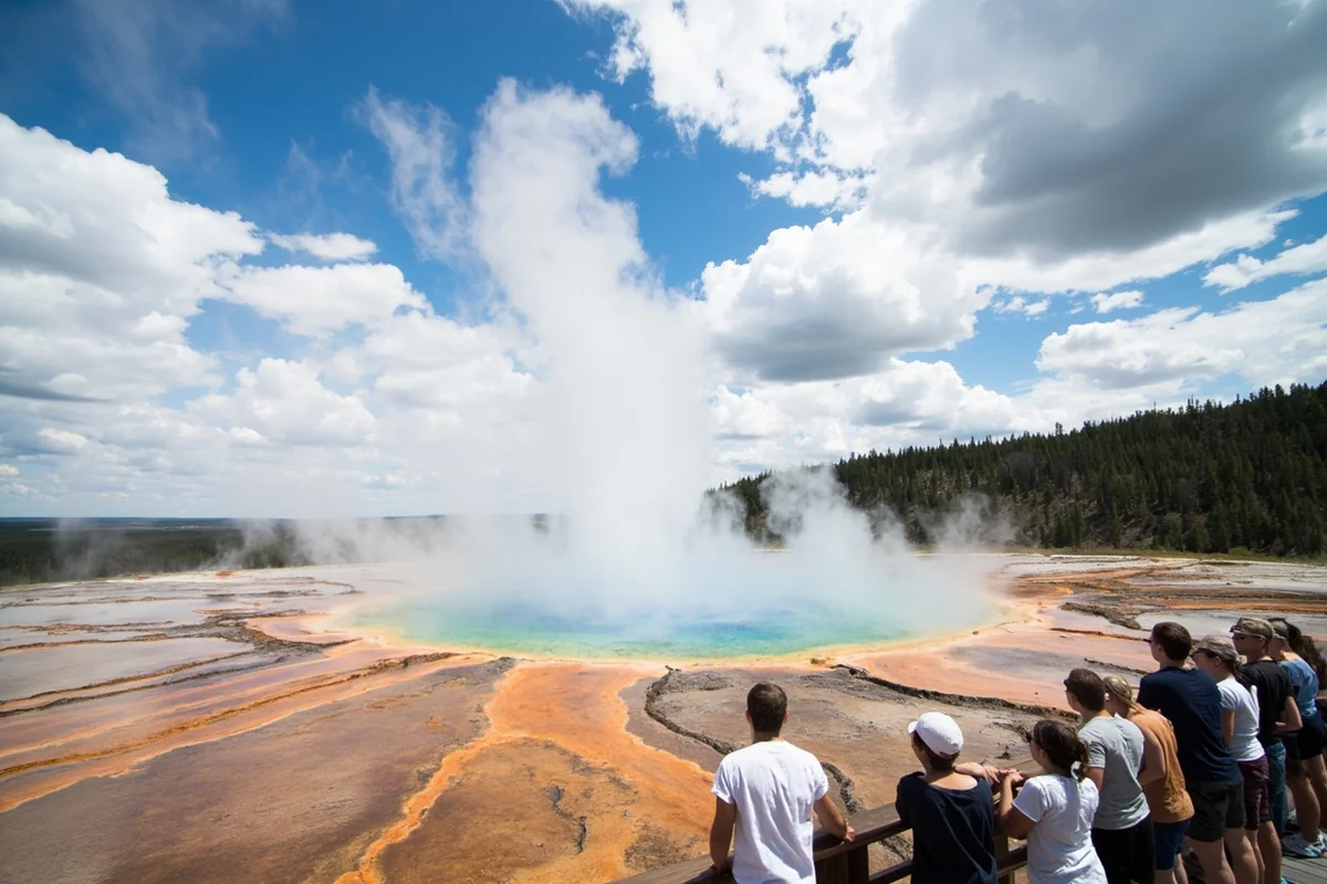 Old Faithful geyser erupting with tourists watching from the boardwalk