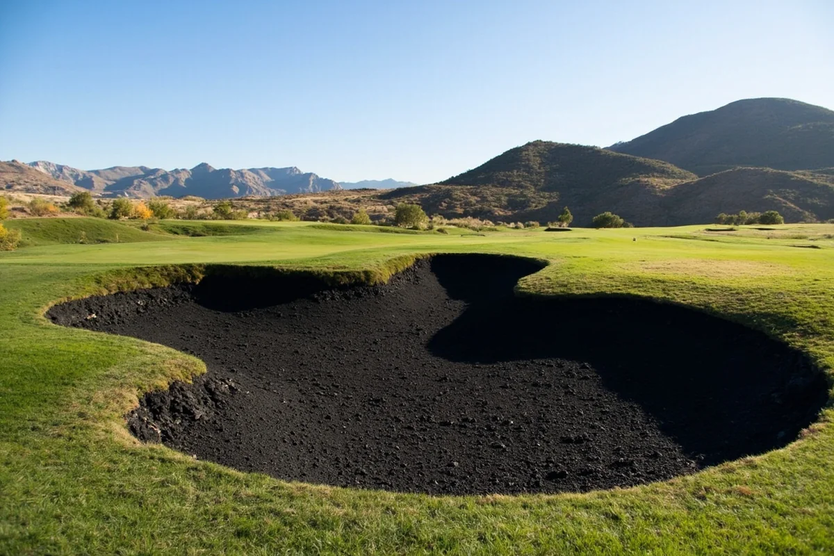 Old Works Golf Course showing black slag sand bunkers with mountains in background
