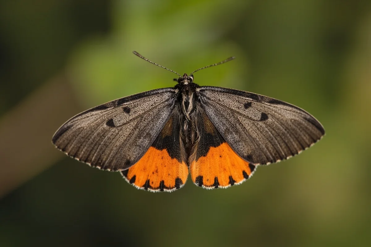 Once-married underwing moth with wings spread, showing contrast between gray-brown forewings and vivid orange-and-black hindwings