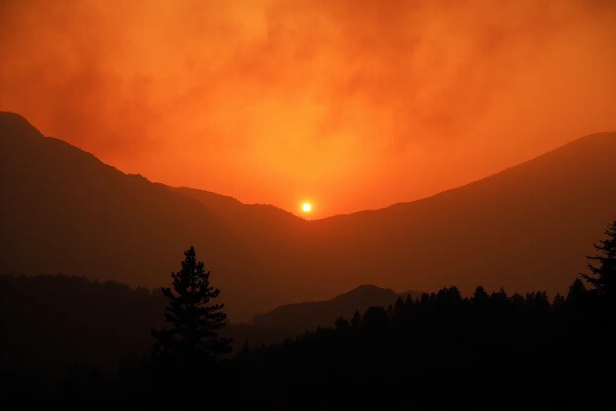 Orange sunrise through wildfire smoke over Montana mountains