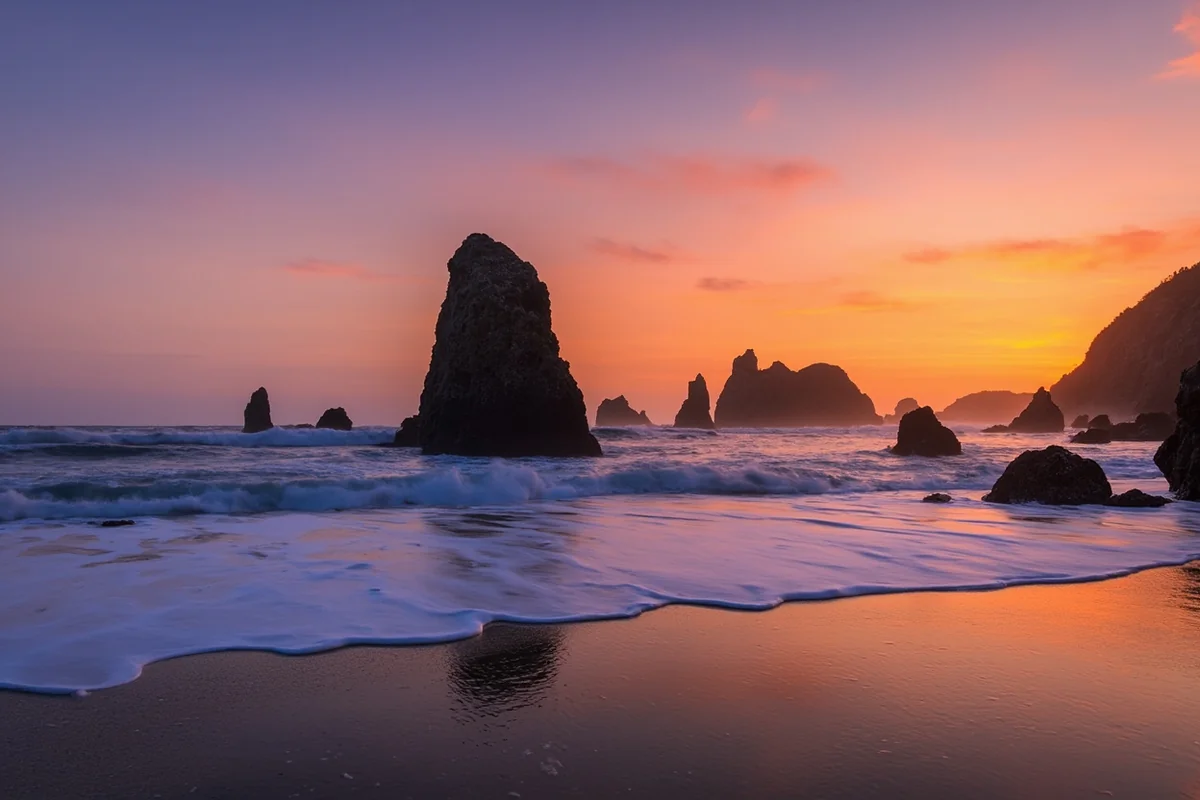 Oregon coastline with sea stacks at sunset, Bandon Beach area