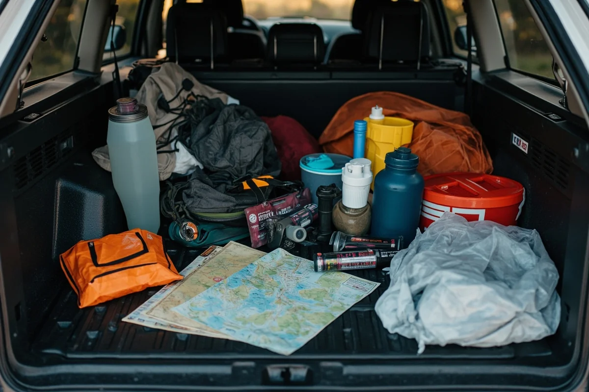 Organized travel supplies including maps, water containers, and emergency gear laid out in truck bed