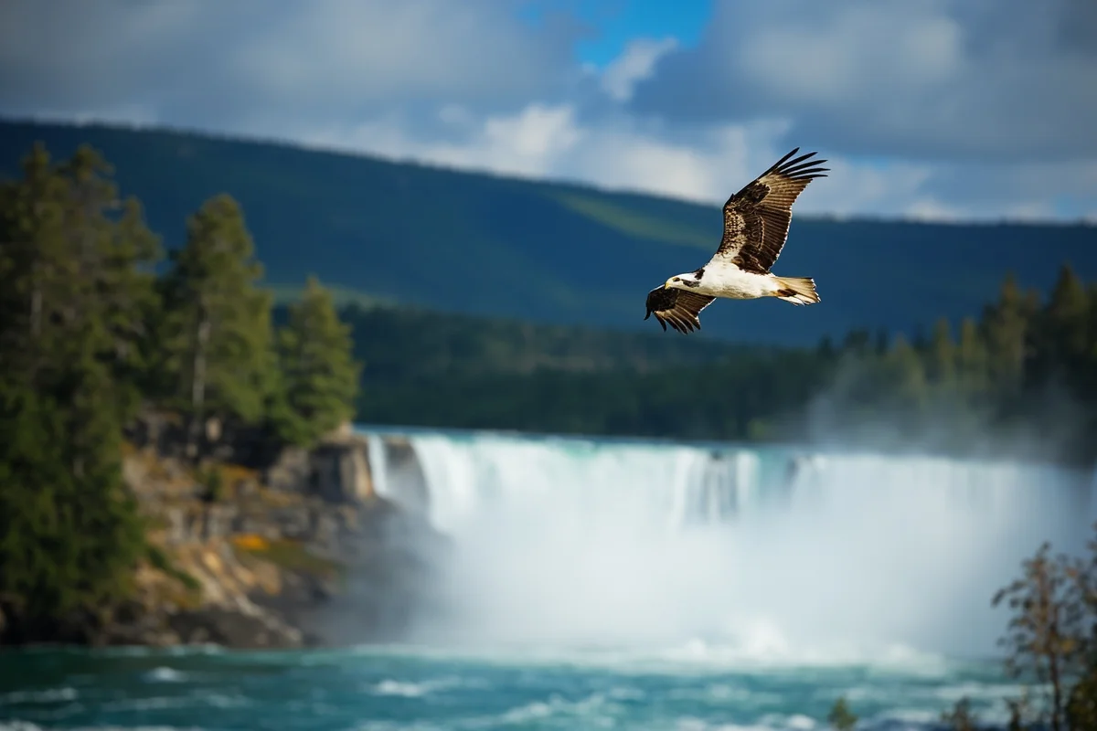 Osprey or bald eagle soaring above the Kootenai River near the falls