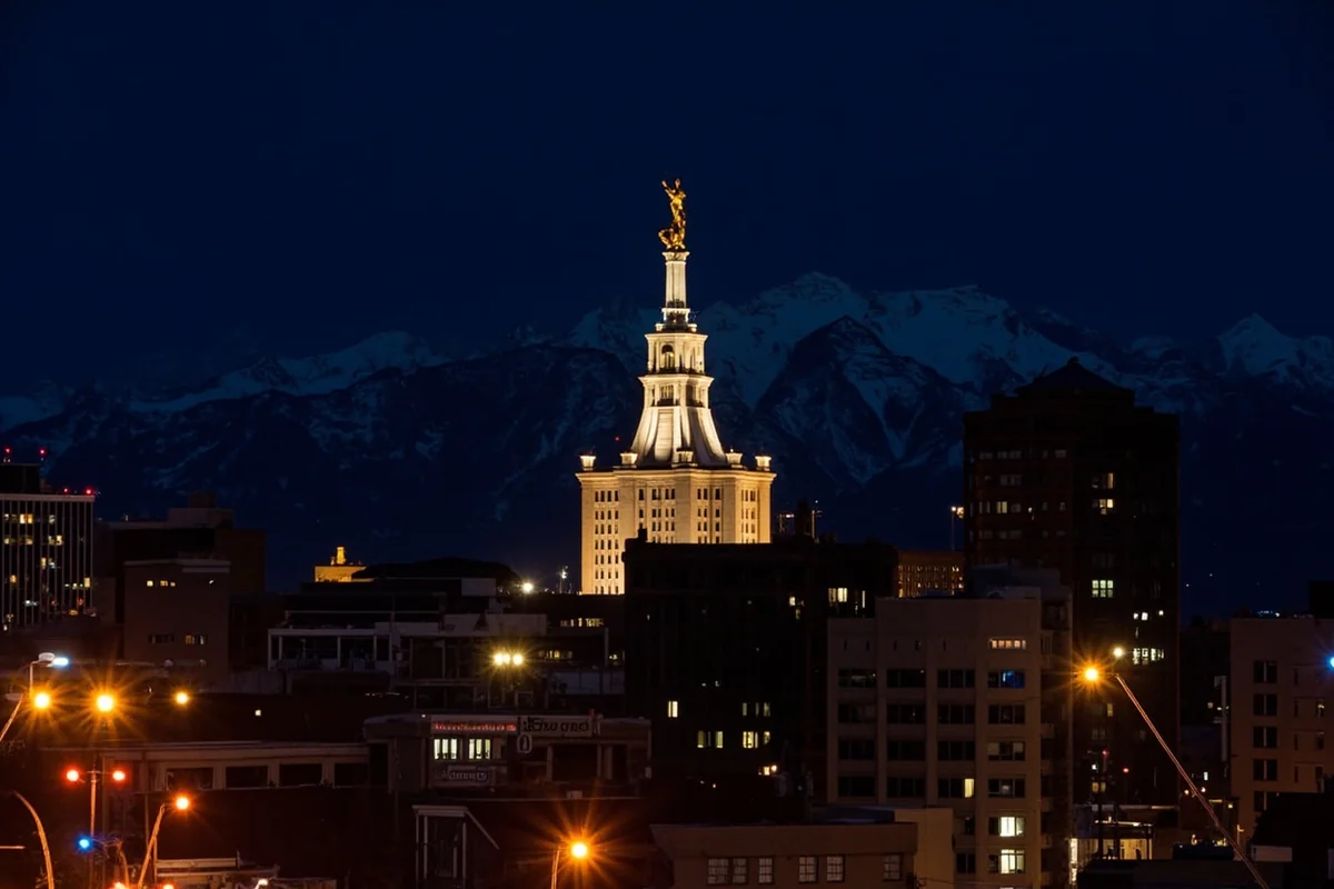 Our Lady of the Rockies illuminated at night, photographed from downtown Butte with city lights in foreground