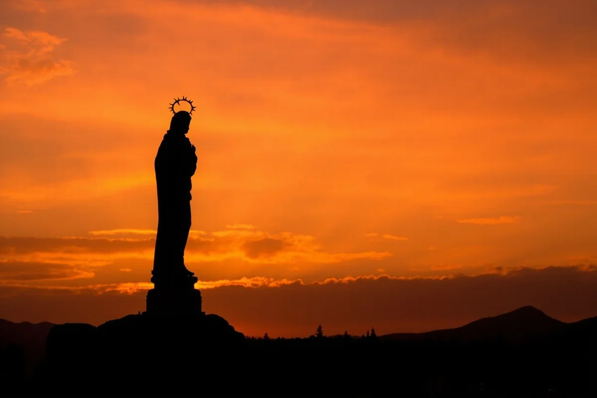 Our Lady of the Rockies statue silhouetted against a Montana sunset