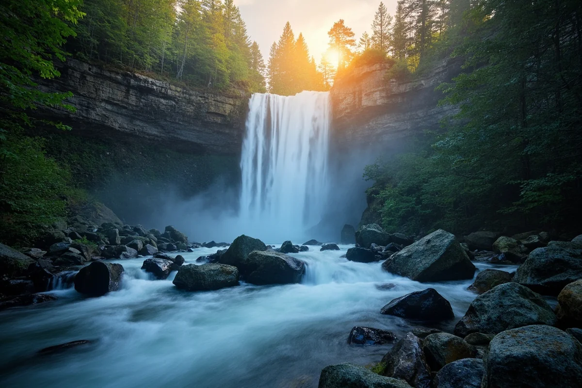 Ousel Falls cascading 100 feet into the canyon with morning light illuminating the mist