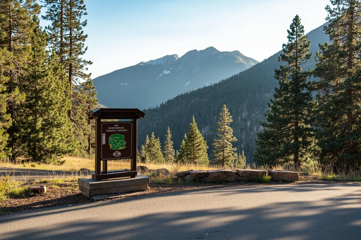 Ousel Falls Trailhead parking area with trail map kiosk and mountain backdrop