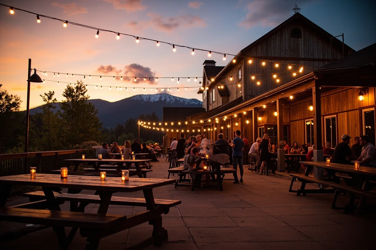 Outdoor beer garden at a Montana brewery at sunset with string lights and mountain backdrop