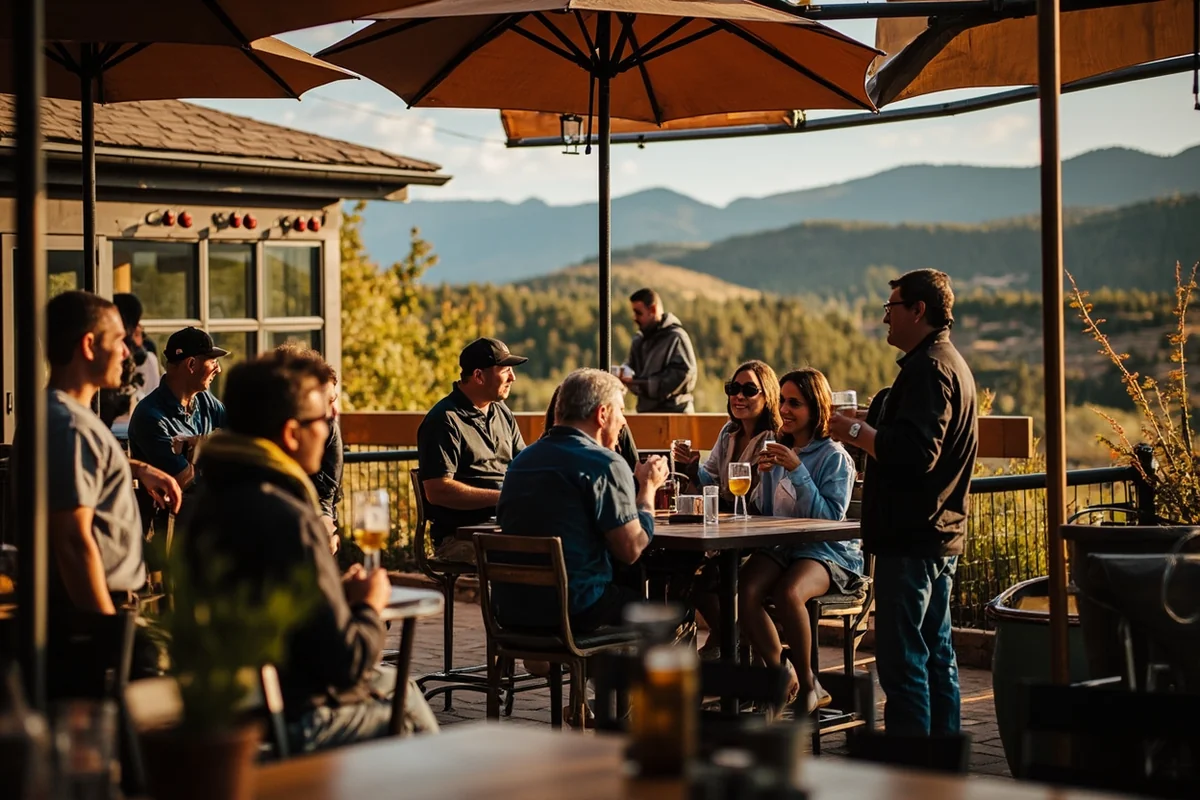 Outdoor beer garden or patio at Montana brewery with customers enjoying drinks
