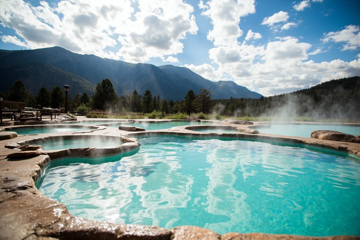 Outdoor communal pool at Wild Horse Hot Springs with mountain views in background