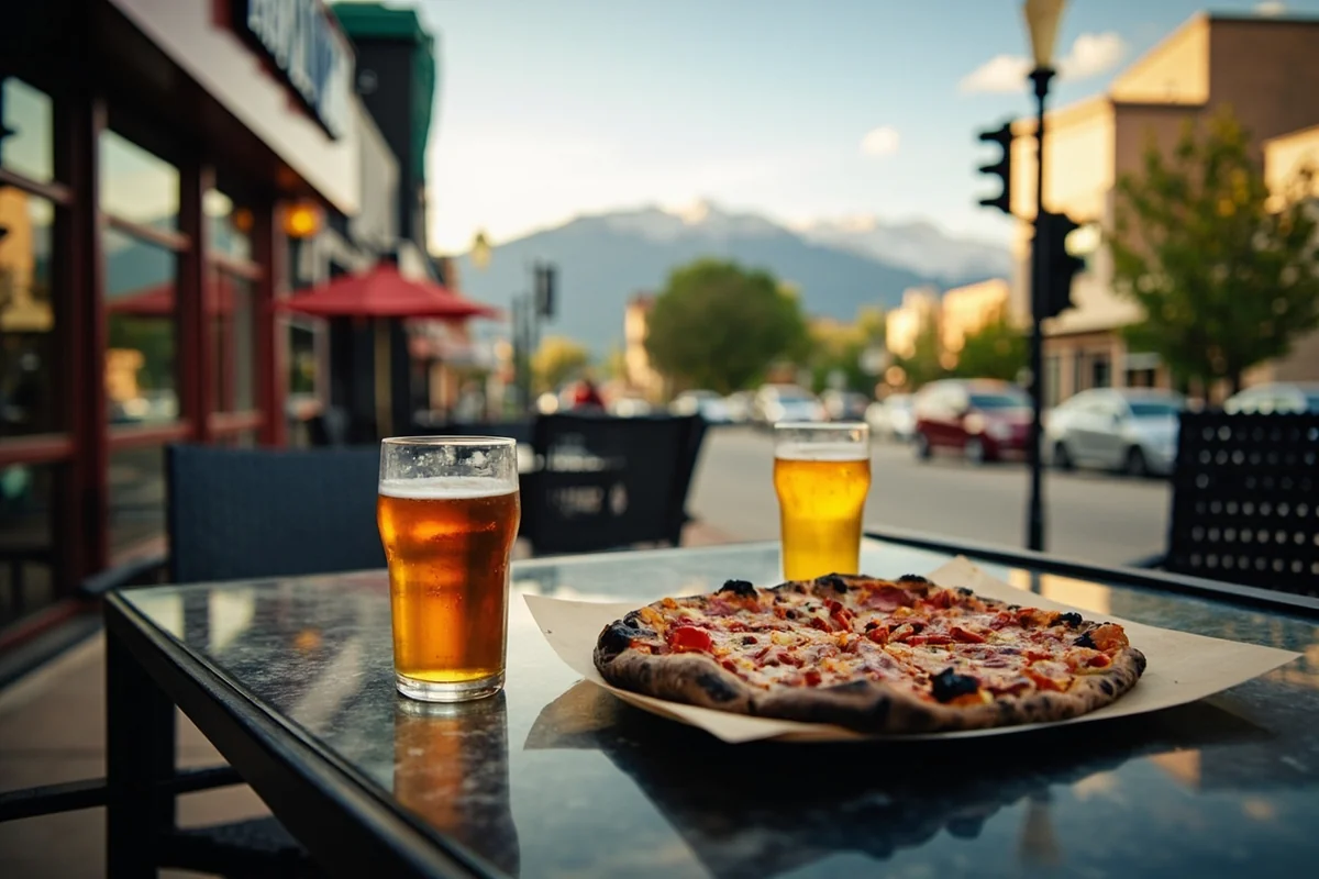 Outdoor dining scene in downtown Bozeman with pizza and craft beer on table, mountain views visible
