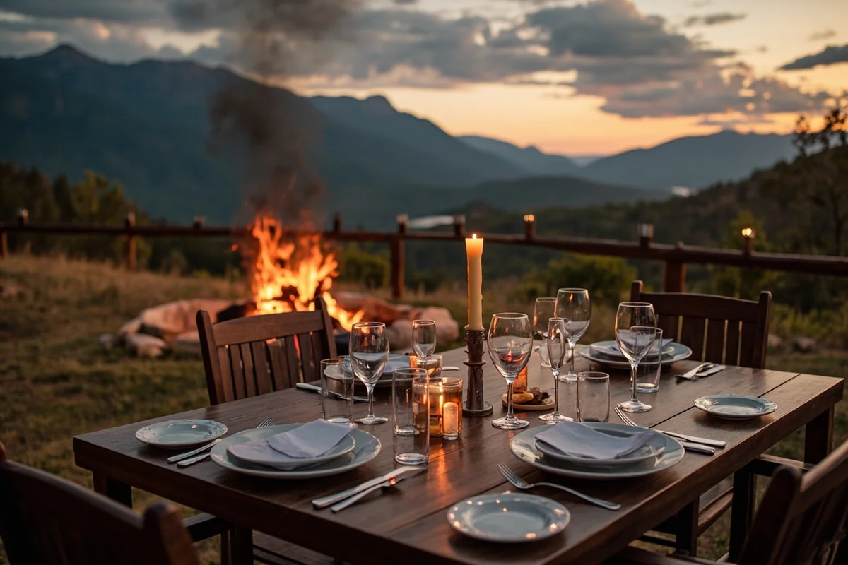 Outdoor dining setup at luxury ranch with mountain views and campfire
