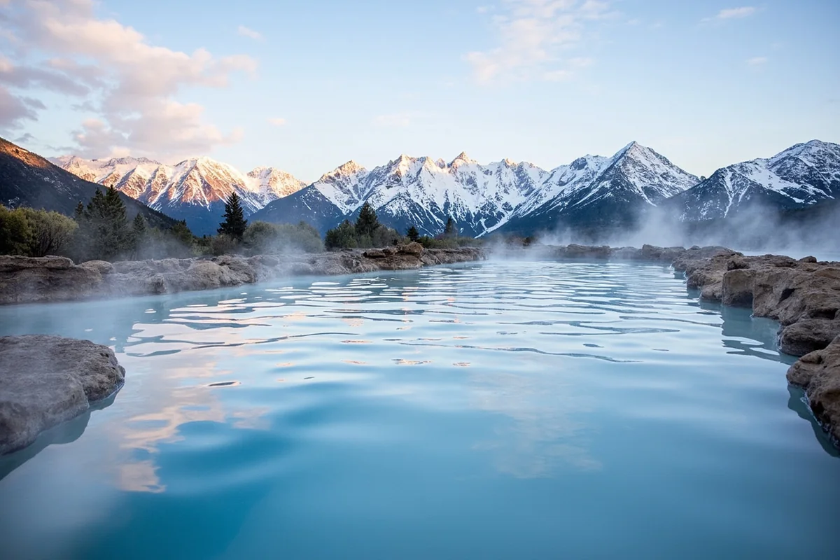 Outdoor hot spring pool at Chico Hot Springs with snow-capped mountains in background