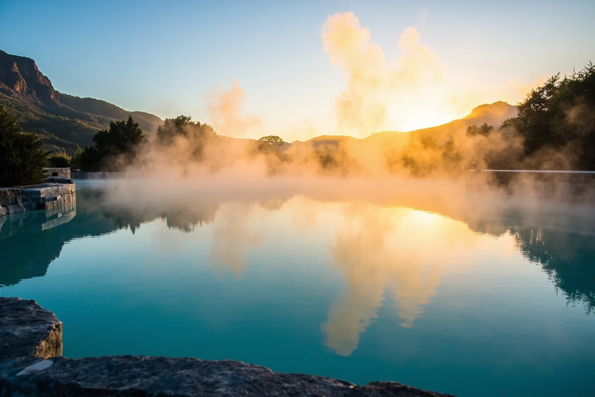 Outdoor hot springs pool at Lolo with steam rising and mountain views in background, evening lighting