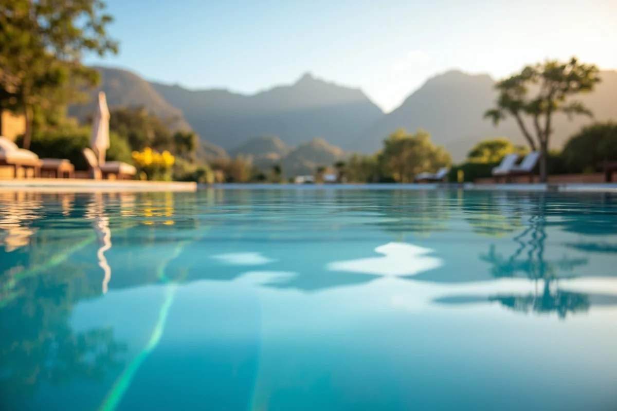 Outdoor pool area during a quieter weekday morning with mountain views in the background