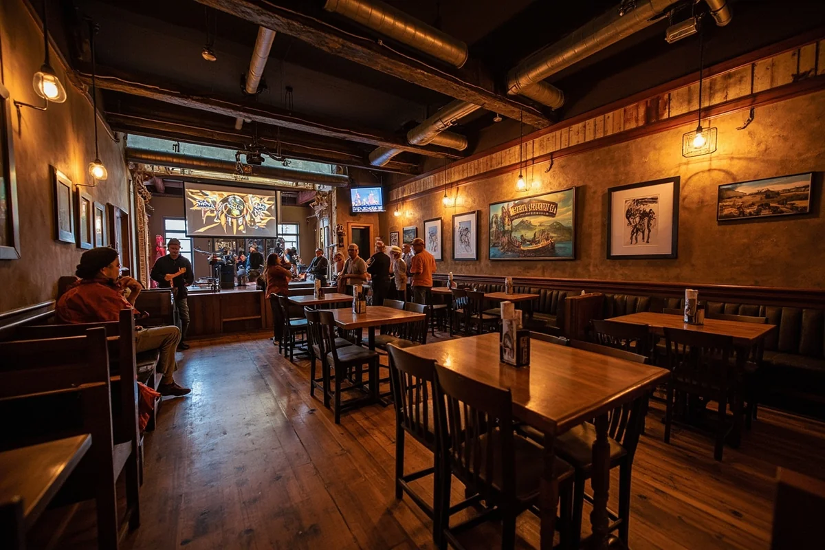 Outlaw Brewing's Western-themed taproom with live music stage and rustic décor