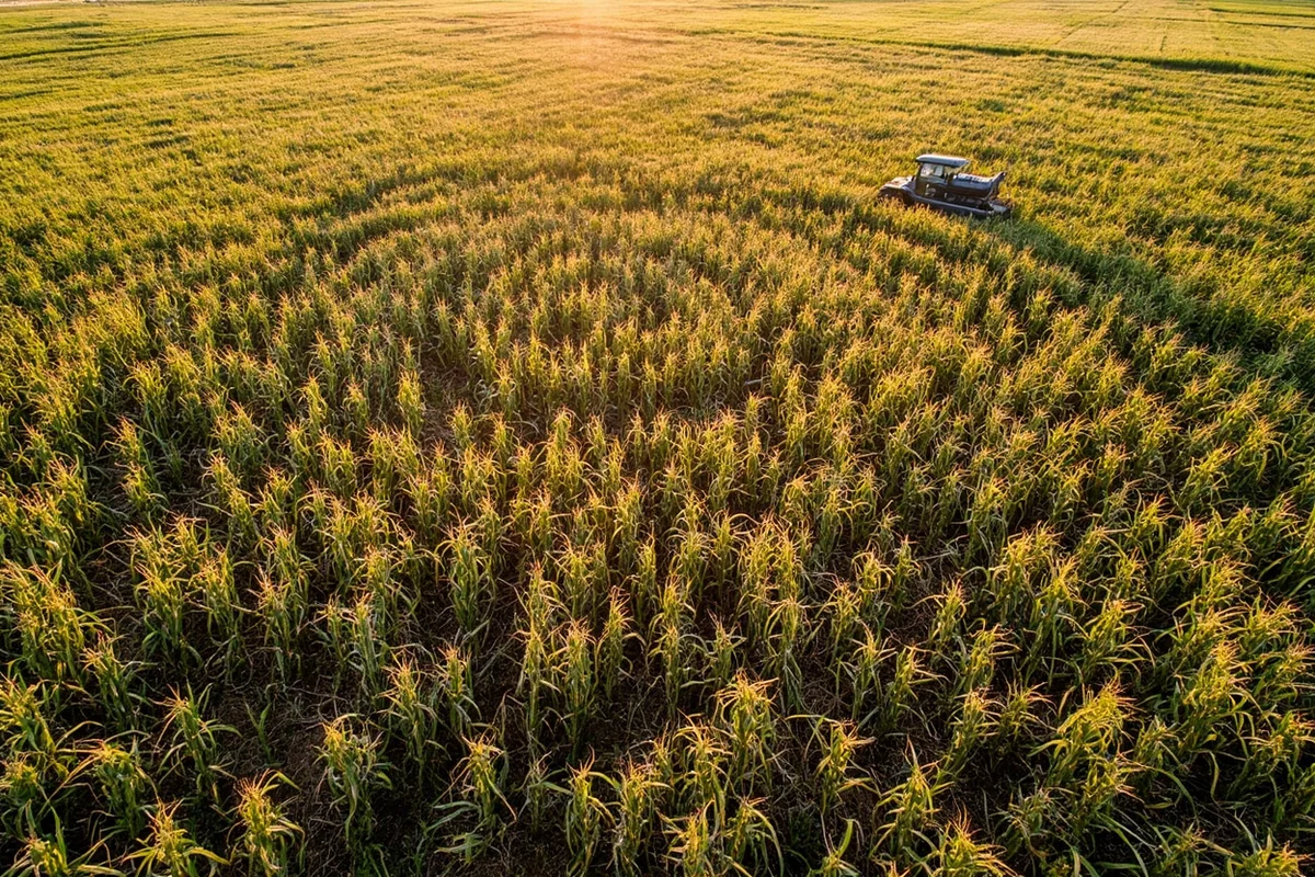 Overhead drone shot of Big Sky Maize showing the intricate themed design carved into the corn field