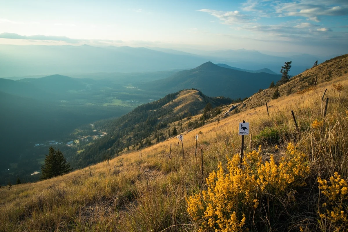 Overview of Montana landscape with hunting district boundary markers visible on a mountain ridge