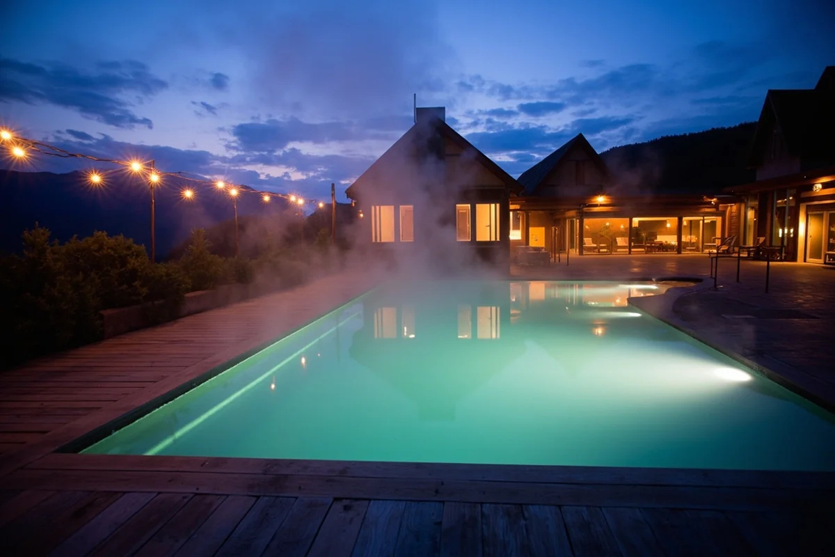 Overview of Norris Hot Springs wooden pool at dusk with steam rising and string lights visible