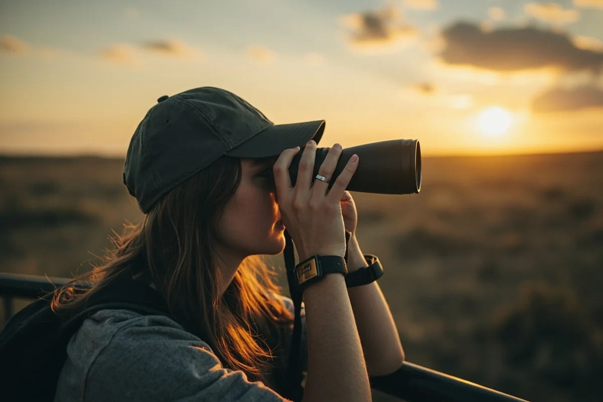 Owl watcher observing from a respectful distance with binoculars