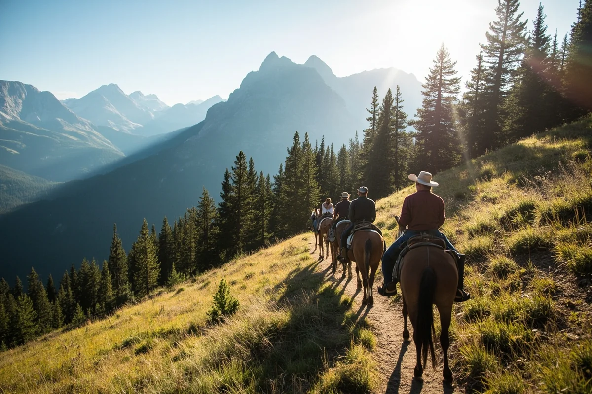 Pack horses and riders on mountain trail in Montana wilderness