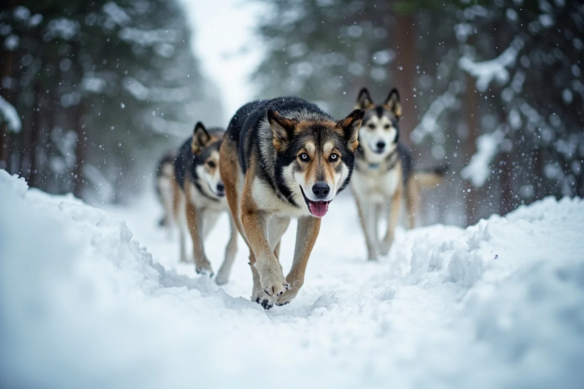 Pack of hound dogs trailing through snowy Montana forest
