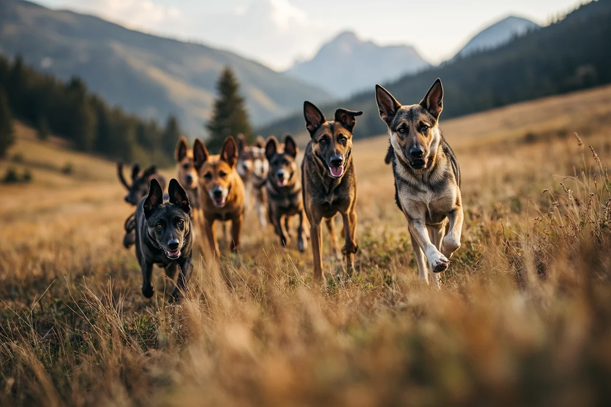 Pack of trained hunting hounds on fresh cougar track in Montana mountains