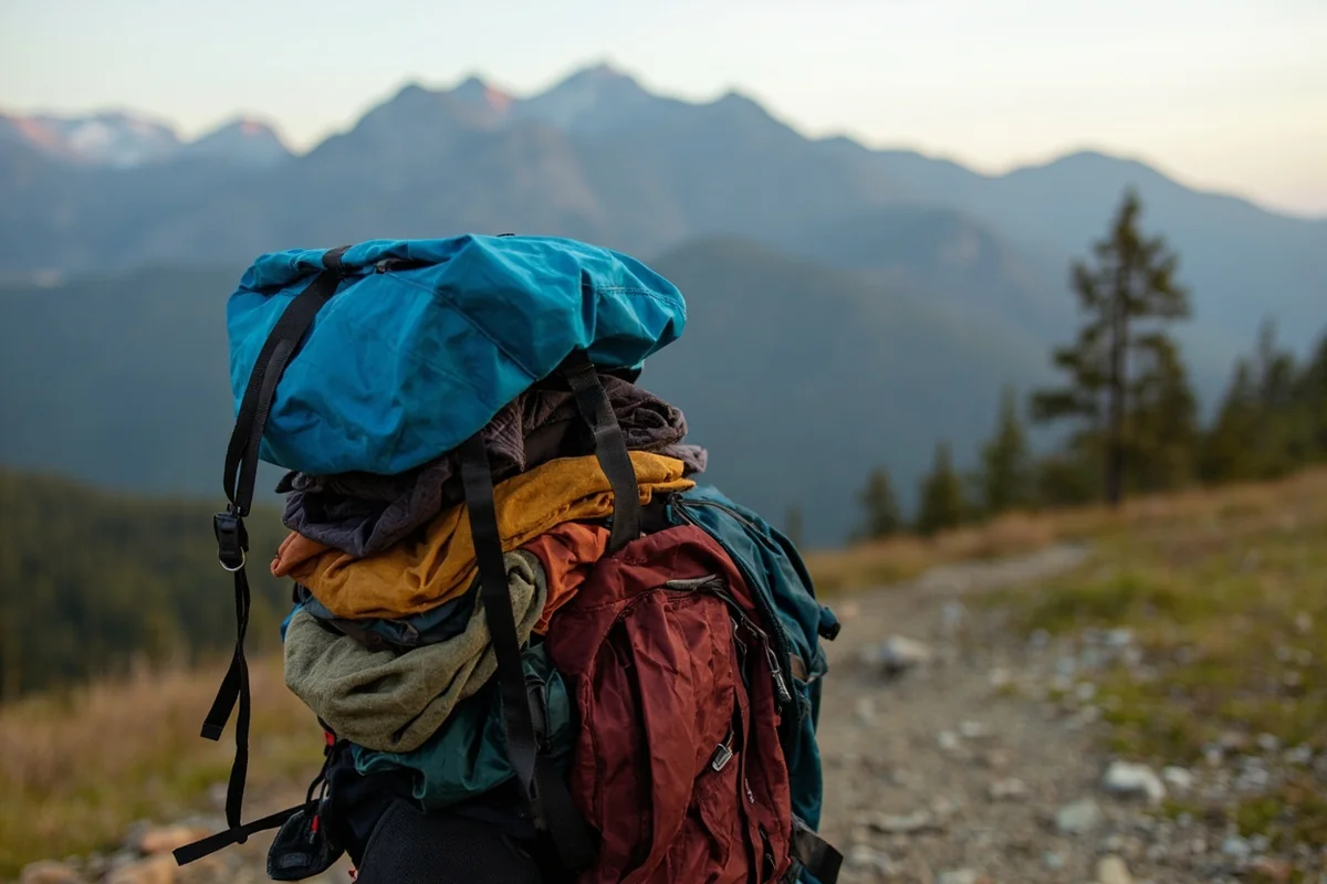 Packed hiking backpack with Montana mountain backdrop, showing layered clothing and gear organized outside