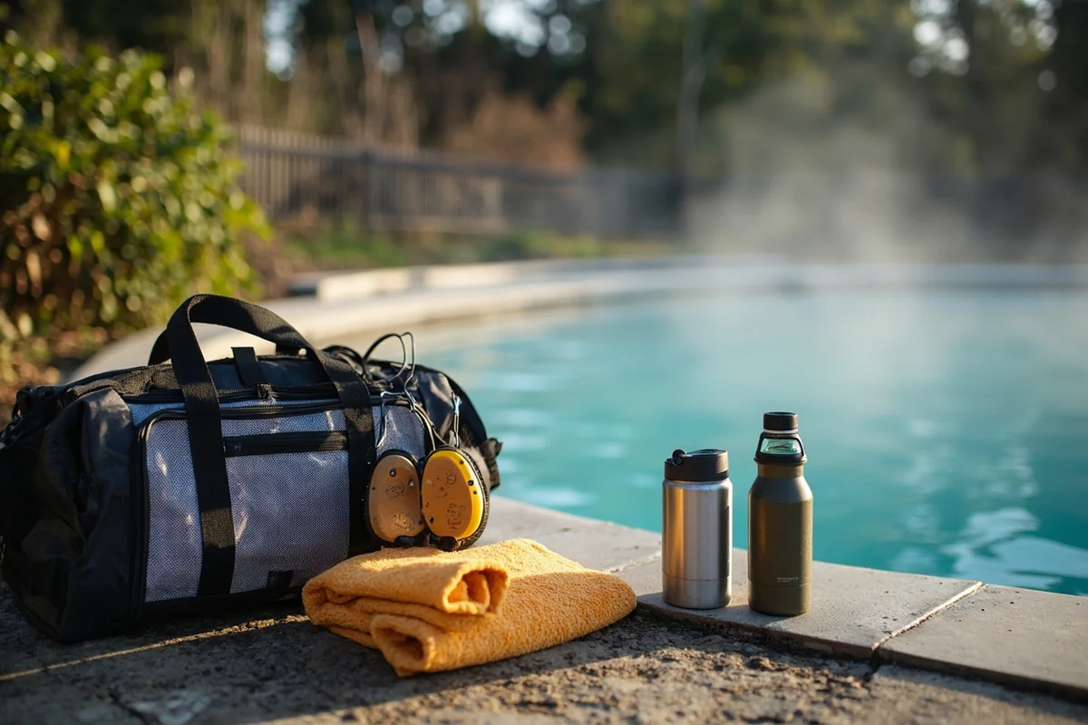 Packing essentials laid out for hot springs visit including towels, water shoes, and water bottles